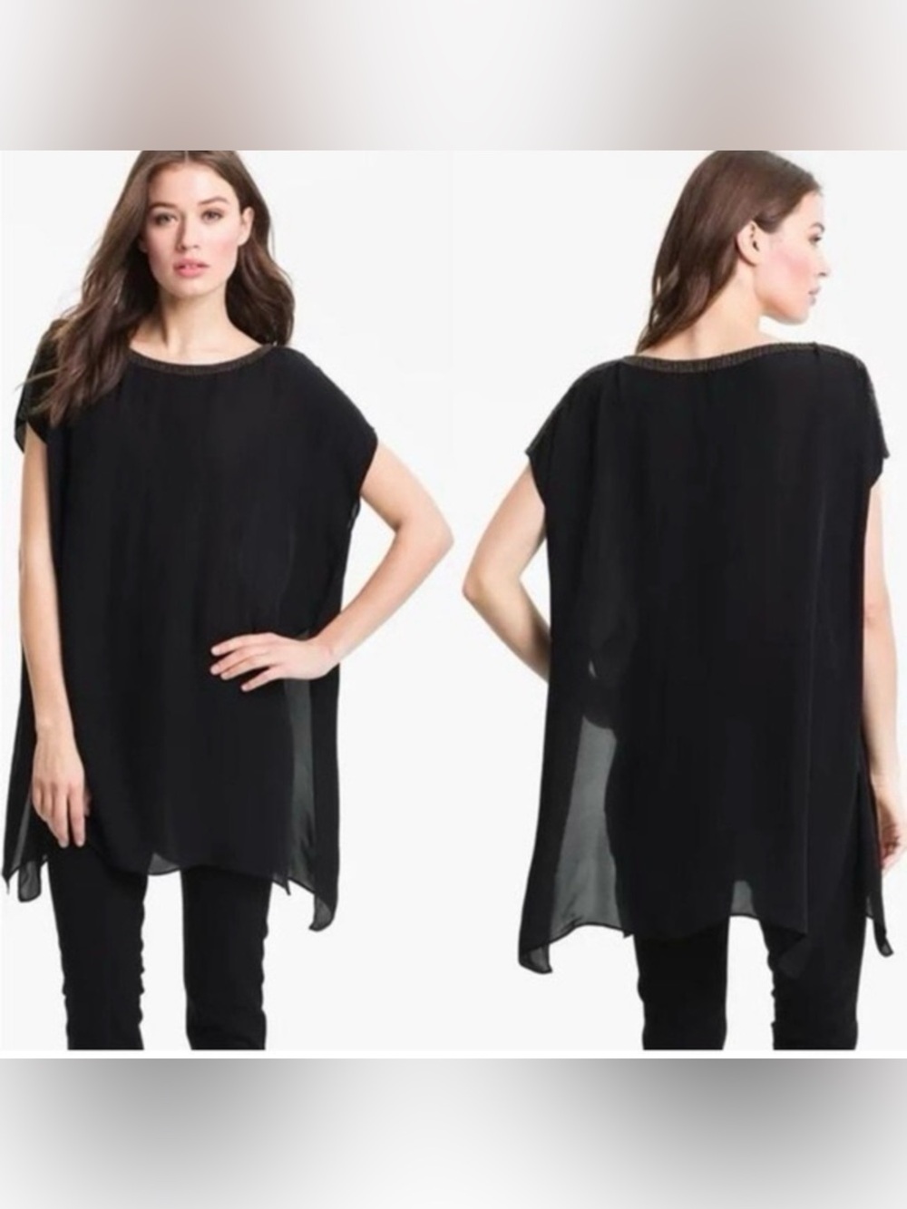 Eileen Fisher Bateau Beaded Silk Top Size PS
